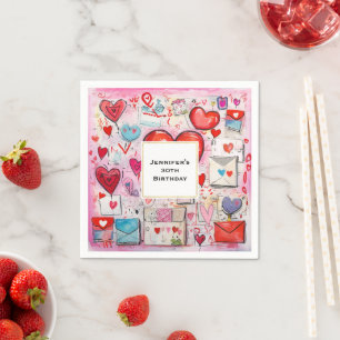 Whimsical Hearts and Love Letters Pattern Birthday Napkin