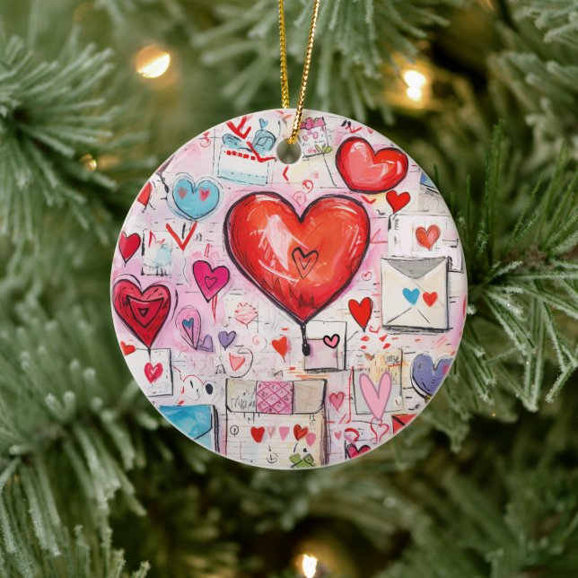 Whimsical Hearts and Love Letters Pattern Ceramic Ornament (Tree)