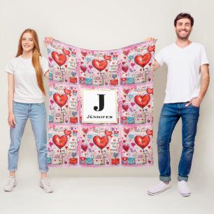 Whimsical Hearts and Love Letters Pattern Fleece Blanket