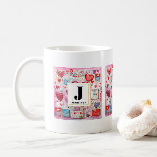 Whimsical Hearts and Love Letters Pattern Monogram Coffee Mug