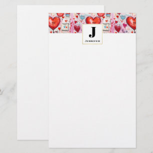 Whimsical Hearts and Love Letters Pattern Monogram Stationery