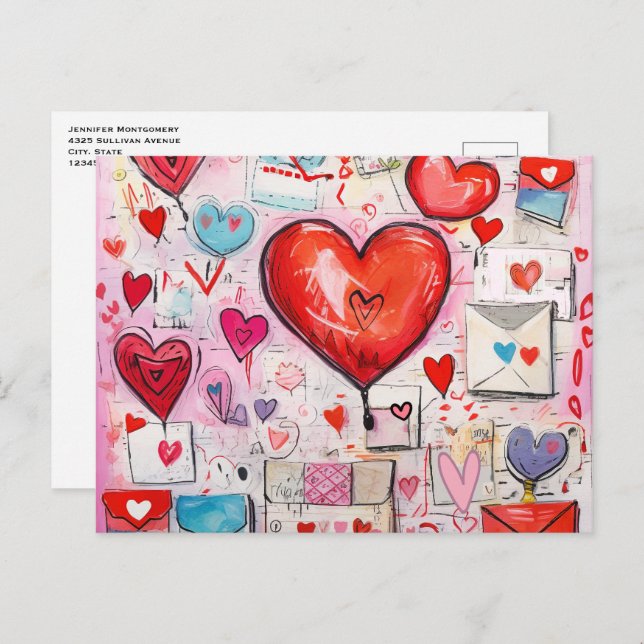 Whimsical Hearts and Love Letters Pattern Postcard (Front/Back)
