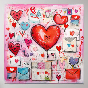 Whimsical Hearts and Love Letters Pattern Poster