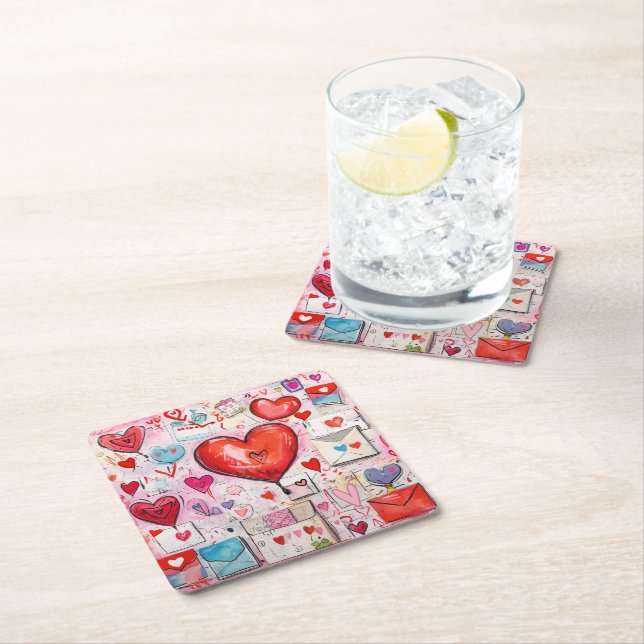 Whimsical Hearts and Love Letters Pattern Square Paper Coaster (Insitu)