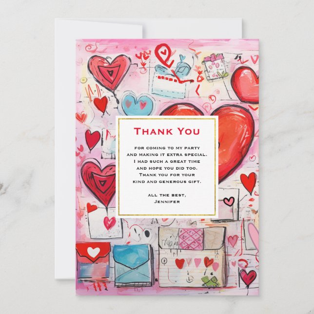 Whimsical Hearts and Love Letters Pattern Thank You Card (Front)