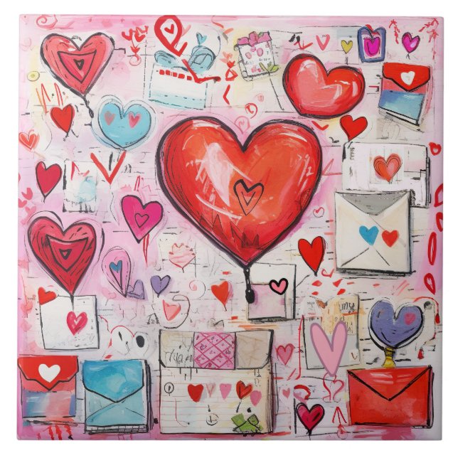 Whimsical Hearts and Love Letters Pattern Tile (Front)