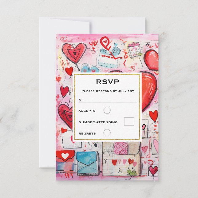 Whimsical Hearts and Love Letters Pattern Wedding RSVP Card (Front)