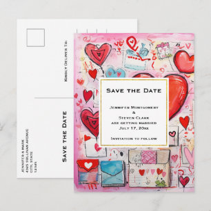 Whimsical Hearts and Love Letters Save the Date Invitation Postcard