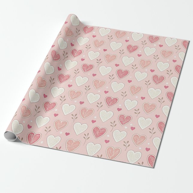 Whimsical Hearts Pink Valentine Pattern Wrapping Paper (Unrolled)