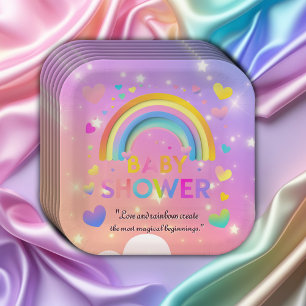Whimsical Hearts & Rainbows Baby Shower Paper Plate