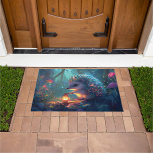 Whimsical Hedgehog and Lantern in Enchanted Forest Doormat
