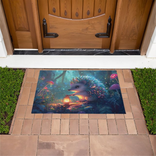 Whimsical Hedgehog and Lantern in Enchanted Forest Doormat (Outdoor)