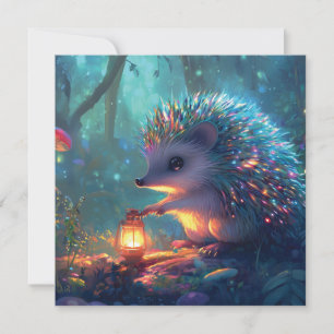 Whimsical Hedgehog and Lantern in Enchanted Forest Holiday Card