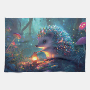 Whimsical Hedgehog and Lantern in Enchanted Forest Kitchen Towel