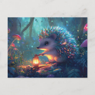 Whimsical Hedgehog and Lantern in Enchanted Forest Postcard