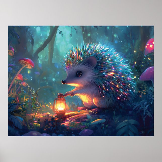 Whimsical Hedgehog and Lantern in Enchanted Forest Poster (Front)