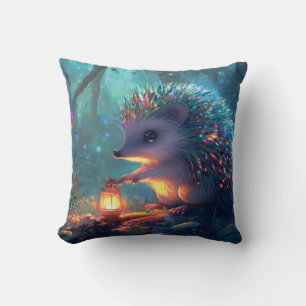Whimsical Hedgehog and Lantern in Enchanted Forest Throw Pillow