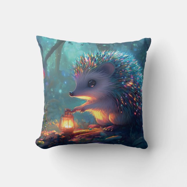 Whimsical Hedgehog and Lantern in Enchanted Forest Throw Pillow (Front)