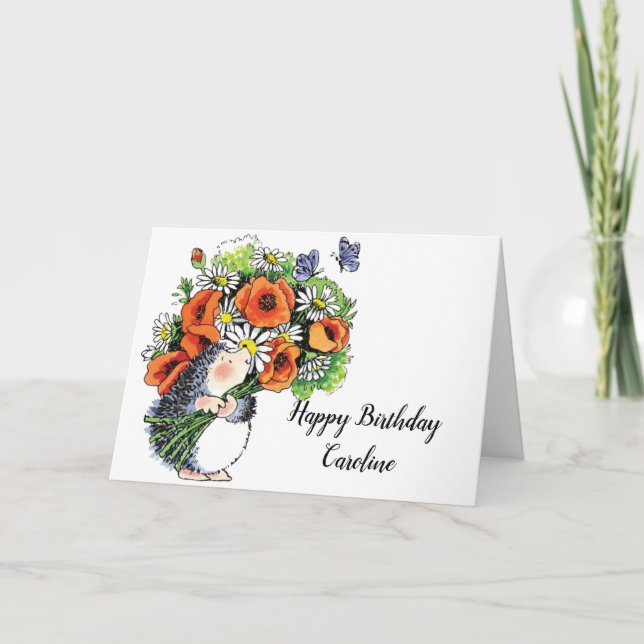 Whimsical Hedgehog and Poppies Birthday Card (Front)