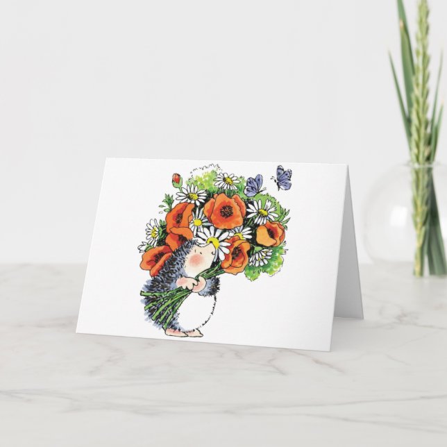Whimsical Hedgehog and Poppies Card (Front)