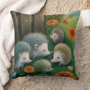 Whimsical Hedgehog Family Picnicking in Garden Throw Pillow