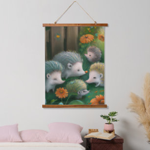 Whimsical Hedgehog Family Picnicking in the Garden Hanging Tapestry