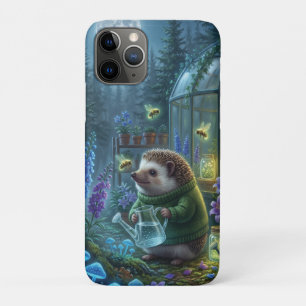 Whimsical Hedgehog Gardening in Nighttime Fantasy iPhone 11 Pro Case