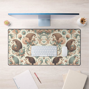 Whimsical Hedgehog Haven: Victorian Floral  Desk Mat