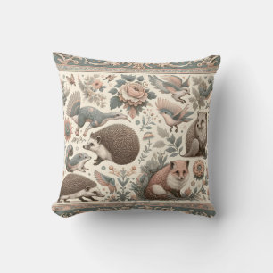 Whimsical Hedgehog Haven: Victorian Floral Throw Pillow