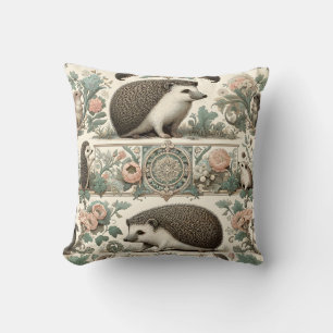 Whimsical Hedgehog Haven: Victorian Floral Throw Pillow