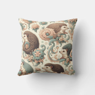 Whimsical Hedgehog Haven: Victorian Floral  Throw Pillow
