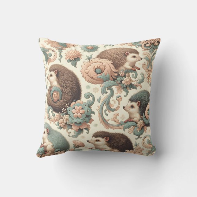 Whimsical Hedgehog Haven: Victorian Floral  Throw Pillow (Back)
