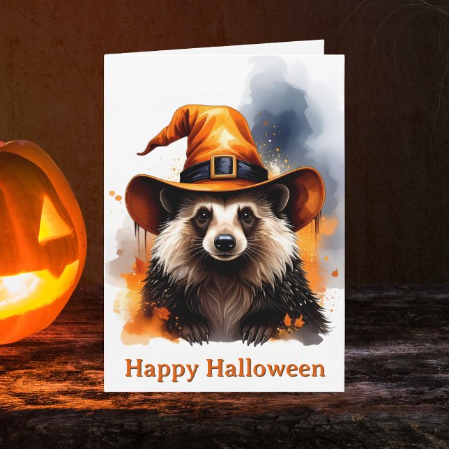 Whimsical Hedgehog Orange Witch Hat Halloween Card (Happy Halloween Hedgehog Witch Card. Spooky season notecards)