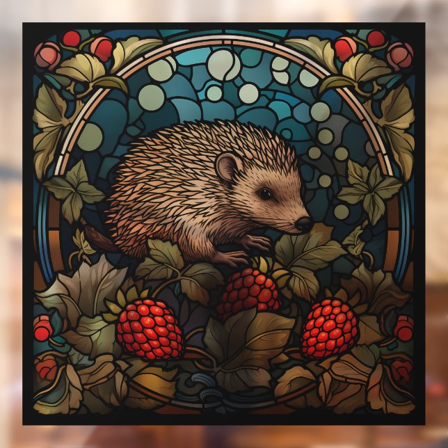 Whimsical Hedgehog & Raspberries Stained-Glass Window Cling (Sheet 2)