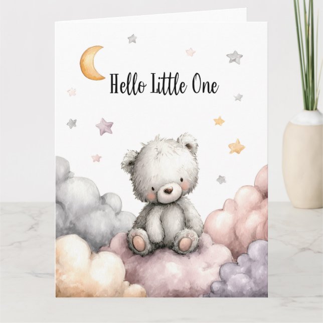 Whimsical "Hello Little One" Teddy Bear Card (Front)