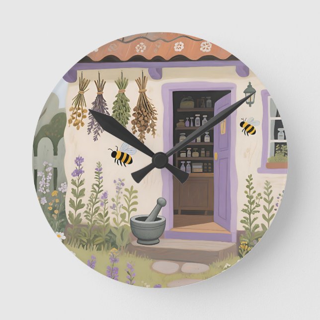 Whimsical Herb Cottage Garden Round Clock (Front)