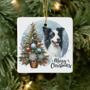 Whimsical Herding Border Collie Dog Merry Xmas Ceramic Ornament