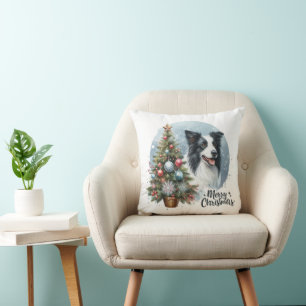 Whimsical Herding Border Collie Dog Merry Xmas Throw Pillow