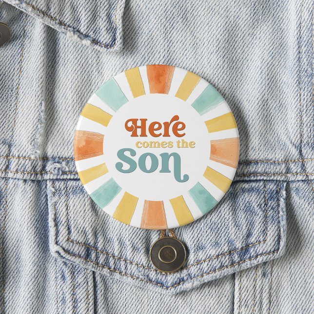 Whimsical Here Comes the Son Baby Shower 3 Inch Round Button (Creator Uploaded)