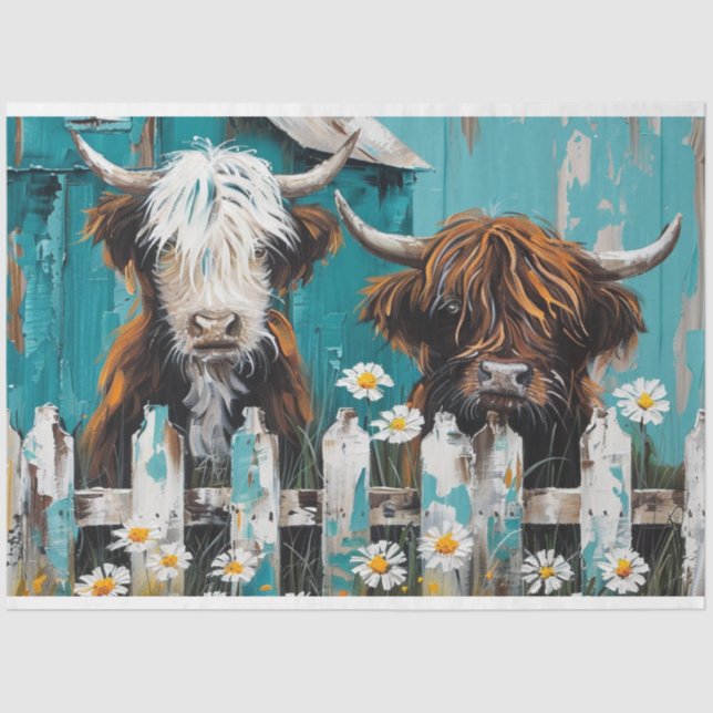 Whimsical Highland Cow Daisy Blue Barn Decoupage  Tissue Paper (Front)