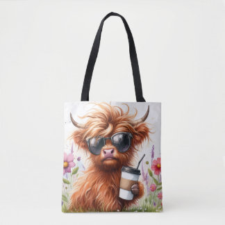 Whimsical Highland Cow With Sunglasses Tote Bag