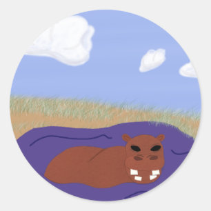 Whimsical Hippopotamus in Pond Classic Round Sticker