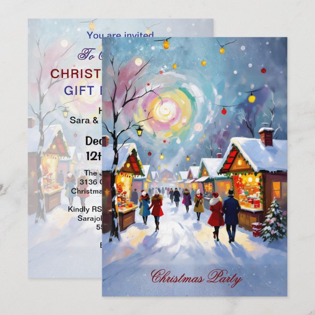 Whimsical Holiday Market Scene Christmas Party 5x7 Invitation (Front/Back)