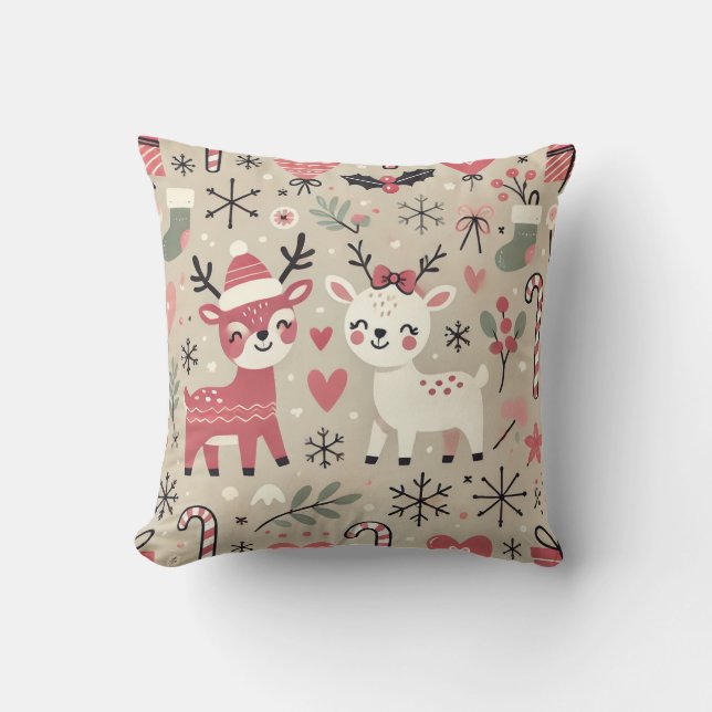 Whimsical Holiday Reindeer Pattern – Festive Chris Throw Pillow (Front)