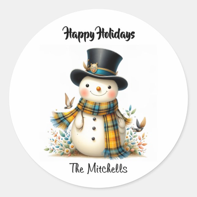 Whimsical Holiday Snowman Classic Round Sticker (Devant)