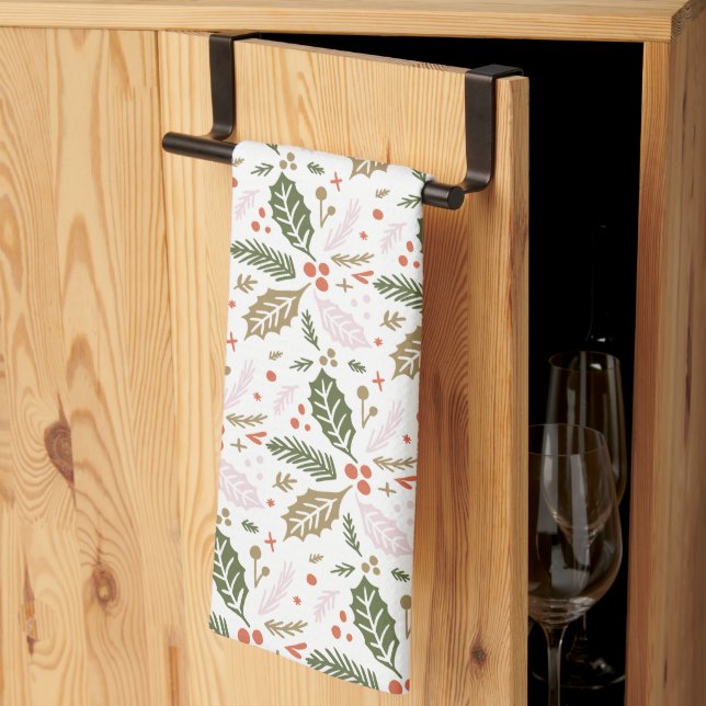 Whimsical Holly Berry Colourful Christmas Holiday Kitchen Towel (Thirds Fold)