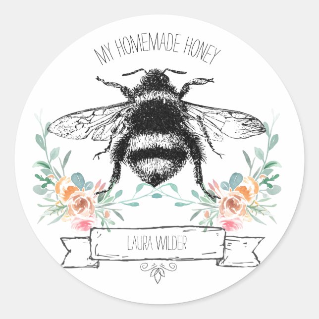 Whimsical Honey Bee Floral Homemade Honey Label (Front)
