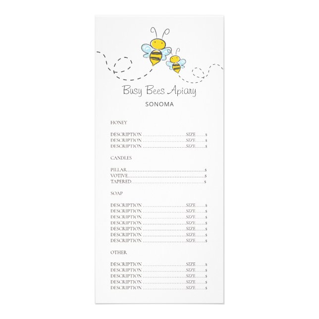 Whimsical Honey Bees Apiary Beekeeper Price List Rack Card (Front)