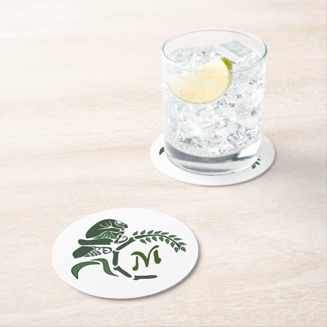 Whimsical Hooded Grasshopper Monogram Round Paper Coaster (Insitu)