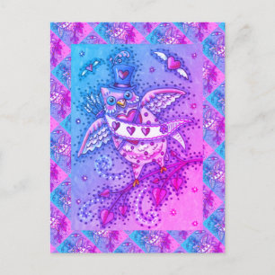 WHIMSICAL HOOTS N' HEARTS CUPID OWL VALENTINE HOLIDAY POSTCARD
